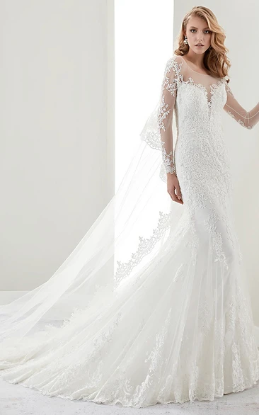 Illusion Long-Sleeve Jewel-Neck Sheath Lace Gown With Crush Train