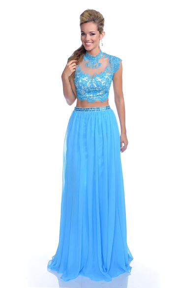 Chiffon Cap Sleeve Crop Top Prom Dress With Sequined Lace Bodice