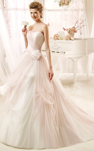 Romantic Strapless A-line Wedding Dress with Flowers and Pleated Bodice 