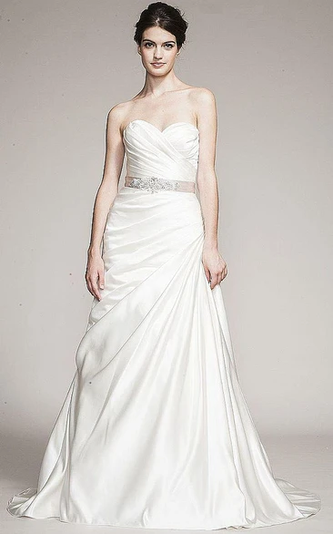 A-Line Sweetheart Jeweled Satin Wedding Dress With Criss Cross And Side Draping