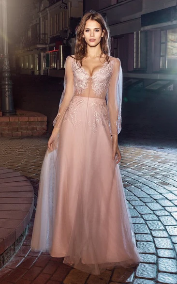 A-Line Maxi V-Neck Puff Long Sleeve Tulle Illusion Dress With Appliques