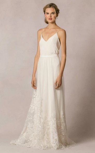 Sheath Floor-Length Appliqued Sleeveless Spaghetti Tulle&Lace Wedding Dress