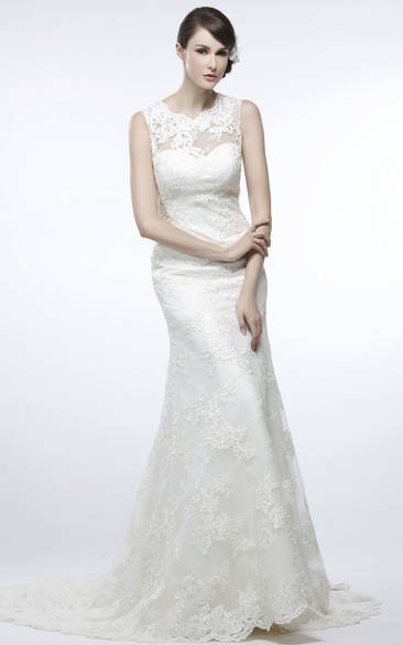 Sheath Sleeveless Appliqued Floor-Length Scoop Lace Wedding Dress With Illusion Back And Court Train