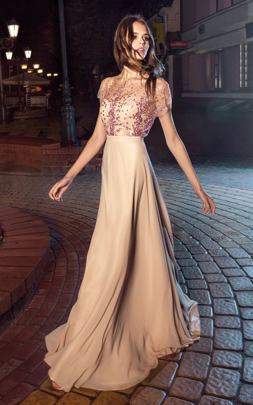 A-Line Floor-Length Poet-Sleeve Jersey Illusion Dress With Appliques