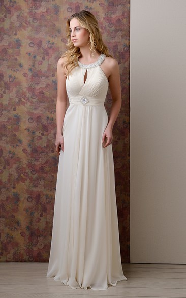 Sleeveless Pleated Long Chiffon Gown Featuring Jeweled Neck