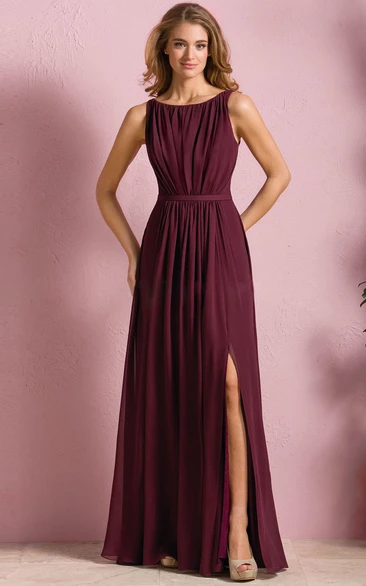 Sleeveless Bateau-Neck A-Line Bridesmaid Dress With Front Slit And Pleats