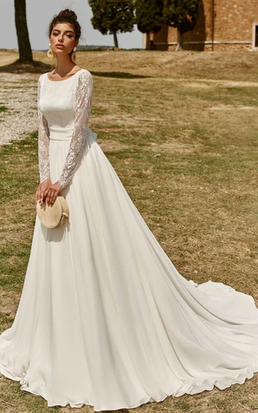 Romantic A-Line Ball Gown Bateau Chiffon Lace Wedding Dress with Sash
