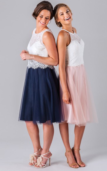 A-Line Scoop Mini Sleeveless Lace&Tulle Bridesmaid Dress With Illusion Back