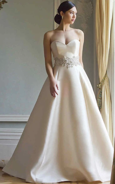 A-Line Sweetheart Floor-Length Satin Wedding Dress With Waist Jewellery