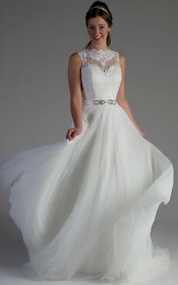 Scalloped High Neck Lace Top Beaded A-Line Tulle Bridal Gown