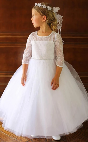 Ankle-Length Beaded Tiered Tulle&Lace Flower Girl Dress