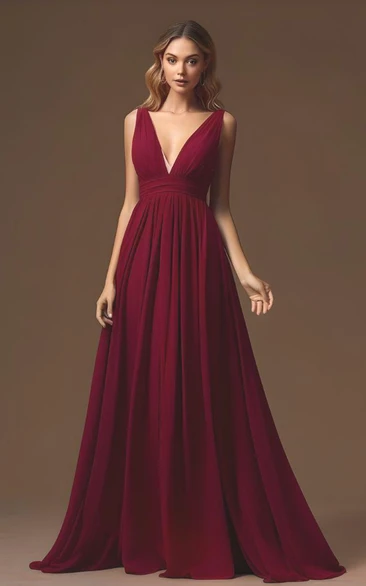 Romantic A-Line Chiffon Bridesmaid Dress with Plunging V-neck 2023 Women's Flowy