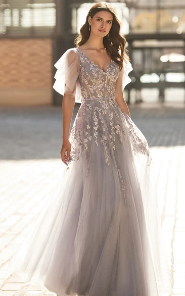 Bohemian Tulle V-neck Evening Dress A-Line Wedding Dress