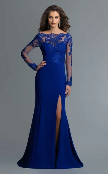 Sheath Maxi Off-The-Shoulder Long Sleeve Jersey Illusion Dress With Lace And Split Front
