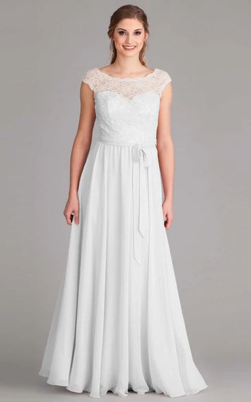 Sheath Short-Sleeve Scoop-Neck Floor-Length Chiffon Wedding Dress With Lace