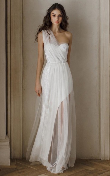 Casual Court Sheath Tulle Sequins Wedding Dress With One-shoulder Neckline And Open Back