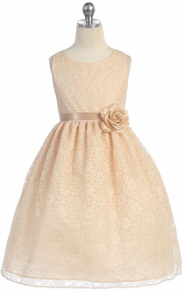 Tea-Length Floral Tiered Lace Flower Girl Dress