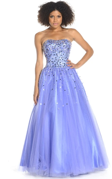 A-Line Maxi Strapless Sequined Tulle Prom Dress With Lace-Up