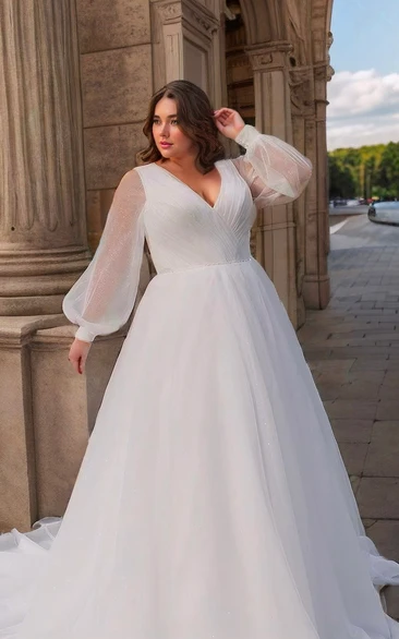 Plus Size Modern Elegant Long Sleeve V-neck Wedding Dress A-Line with Country Chapel Train