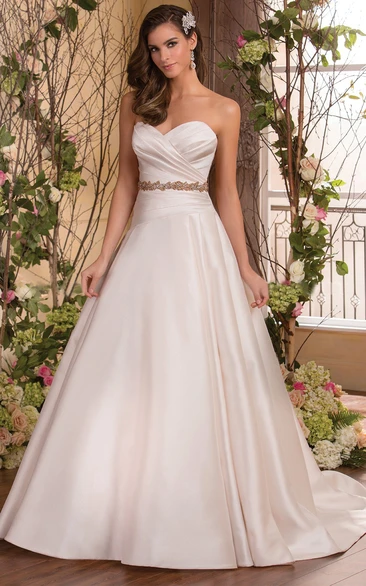 Sweetheart A-Line Satin Gown With Criss-Cross Bodice And Beadings