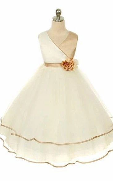Tea-Length Tiered Tulle&Satin Flower Girl Dress