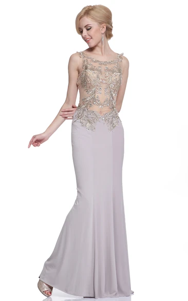 Sheath Scoop-Neck Sleeveless Jersey Illusion Dress With Beading And Embroidery