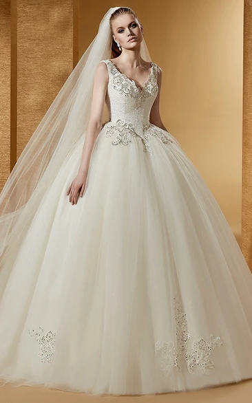 Chic V-Neck Beaded Ball Gown With Cap Sleeves And Lace-Up Back