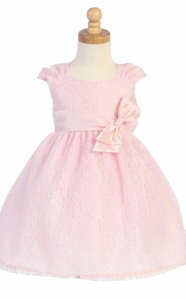 Tea-Length Tiered Ruched Tulle&Lace Flower Girl Dress
