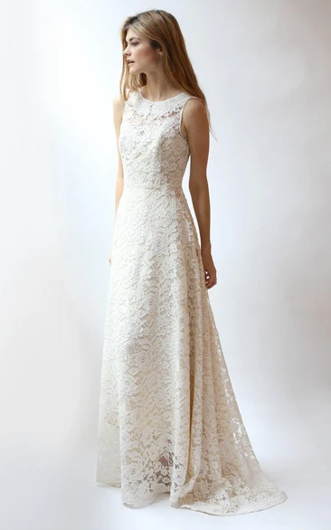 Jewel Neck Sleeveless A-Line Rose Lace Wedding Dress