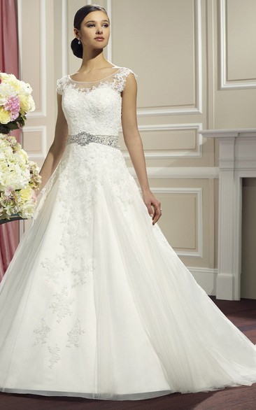 A-Line Cap-Sleeve Floor-Length Scoop Appliqued Lace&Satin Wedding Dress With Waist Jewellery And Low-V Back