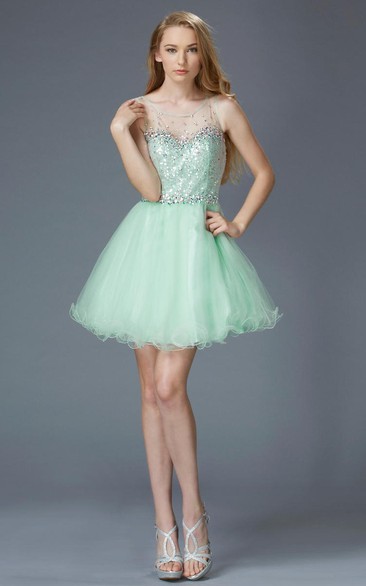 A-Line Short Scoop-Neck Sleeveless Tulle Illusion Dress With Sequins