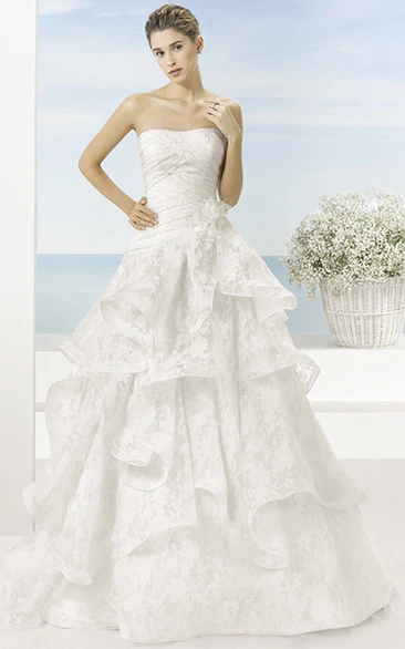 A-Line Draped Strapless Floor-Length Sleeveless Wedding Dress With Tiers And Flower