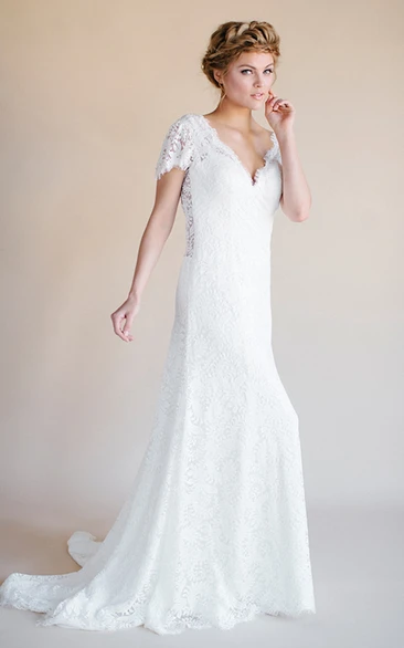 Short-Sleeve V-Neck Lace Wedding Dress With Backless Design