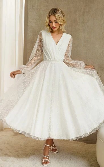 Long Sleeve A-Line V-neck Tea-length Vintage Simple Petite Adorable Wedding Dress with Button Back Sash
