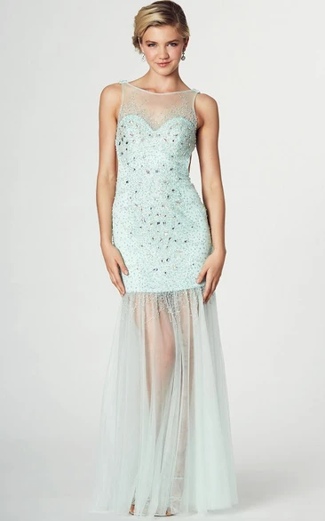 Sleeveless Beaded Scoop Neck Tulle Prom Dress With Pleats And Straps