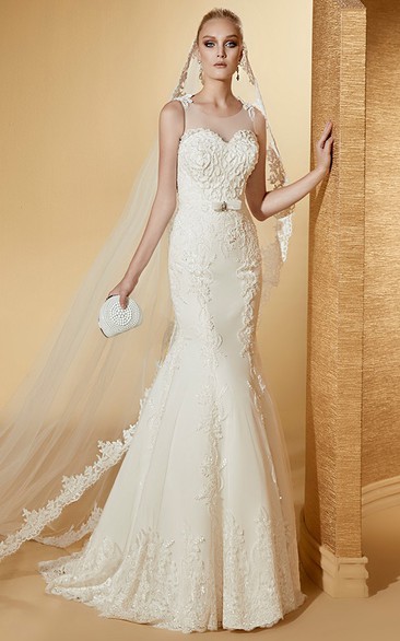 Chic Jewel-Neck Cap Sleeve Mermaid Lace Gown With Illusive Neckline And Brush Train
