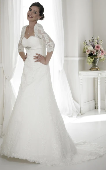 A-Line Appliqued Half-Sleeve Sweetheart Long Lace Wedding Dress With Broach
