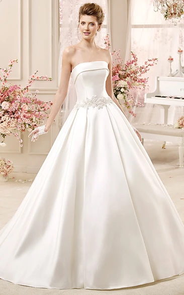 Strapless A-Line Satin Wedding Dress With Lace Belt And Pleated Skirt