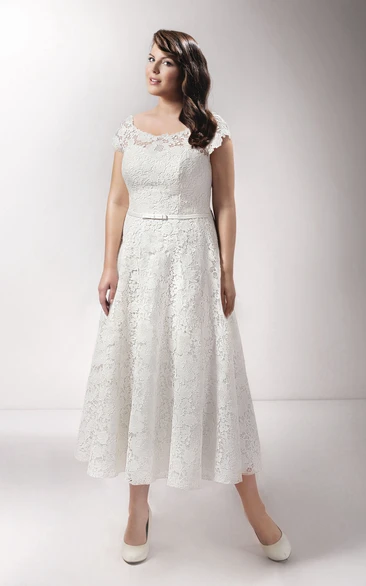 Lace Caped-Sleeve Tea-Length Dress With Corset Back