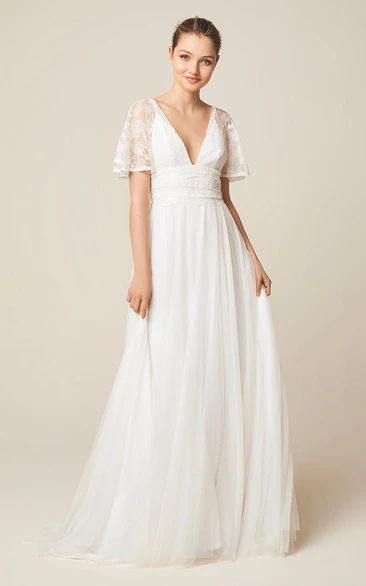 Ethereal Illusion Short Sleeve Lace And Tulle Wedding Dress