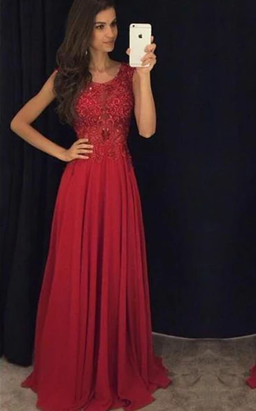 Fit and Flare Sleeveless Red Evening Dresses Lace Appliques Chiffon