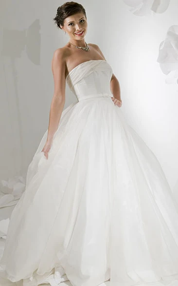 A-Line Sleeveless Long Strapless Satin Wedding Dress With Chapel Train And Backless Style