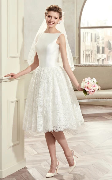 Jewel-Neck Knee-Length Bridal Gown With Satin Bodice And Illusive Lace Back