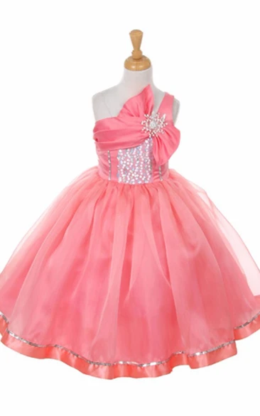 Broach Tea-Length Tiered Bowed Sequins&Organza Flower Girl Dress With Ribbon