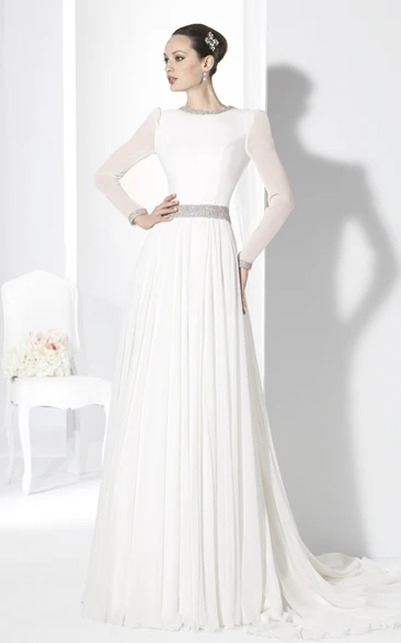 Scoop Long Jeweled Long-Sleeve Chiffon Wedding Dress With Court Train And V Back