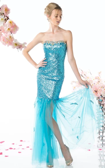 Sheath Strapless Sleeveless Sequins Tulle Backless Dress With Beading