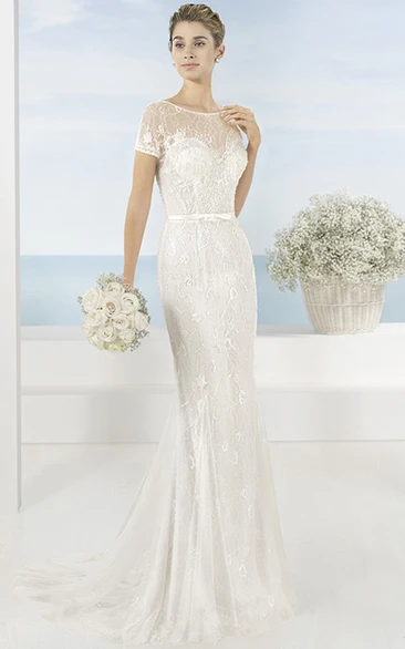 Floor-Length Scoop Lace Short-Sleeve Tulle Wedding Dress