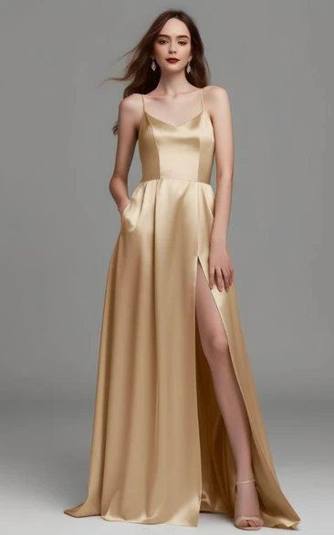 Simple Satin A Line Evening Dress with Spaghetti Straps Casual and Ethereal with Open Back