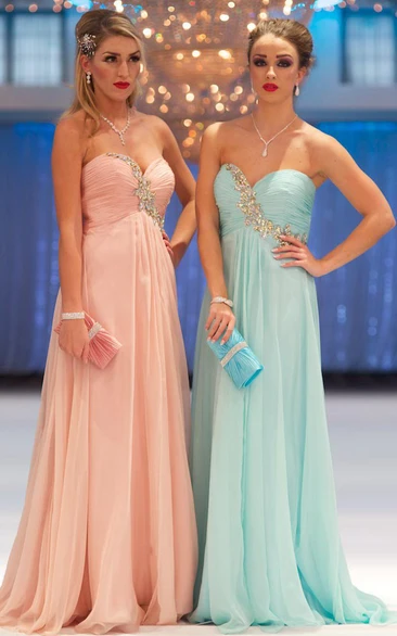 A-Line Sleeveless Empire Floor-Length Sweetheart Ruched Chiffon Prom Dress With Beading And Pleats