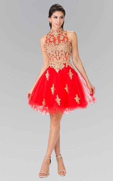 A-Line Short High Neck Sleeveless Tulle Keyhole Dress With Ruffles And Appliques